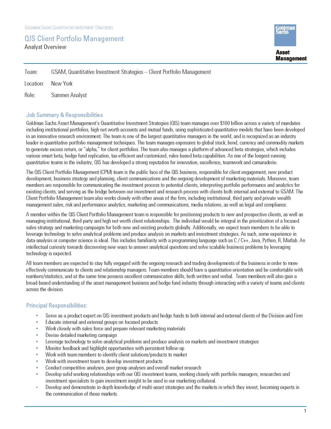 Goldman Sachs Quantitative Investment Summer Analyst Recruitment - UCLA ...