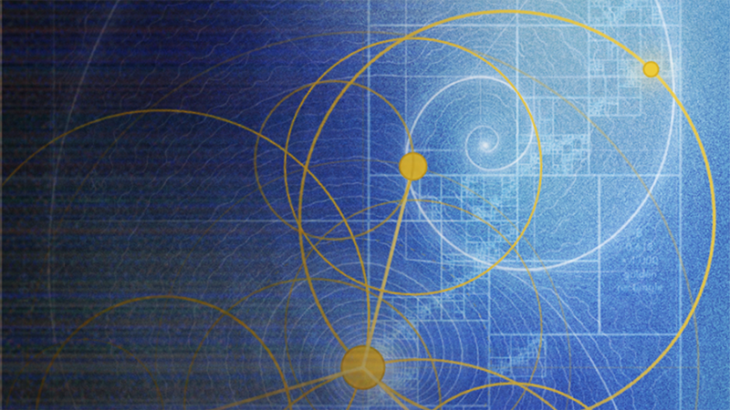 A blueprint-style diagram shows yellow circles and lines over a grid with a spiral on a blue background.